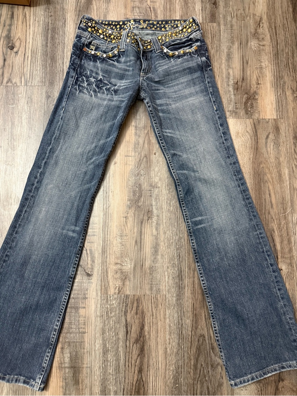 Miss Me Blue Bootcut Jeans with Gold Stud Accents